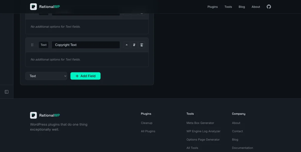 Screenshot showing fields being configured in the Options Page Generator