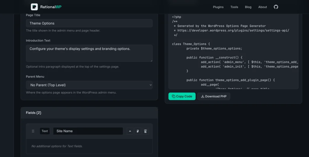 Screenshot of the generated PHP code output