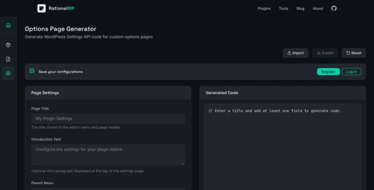 Screenshot of the Options Page Generator landing page