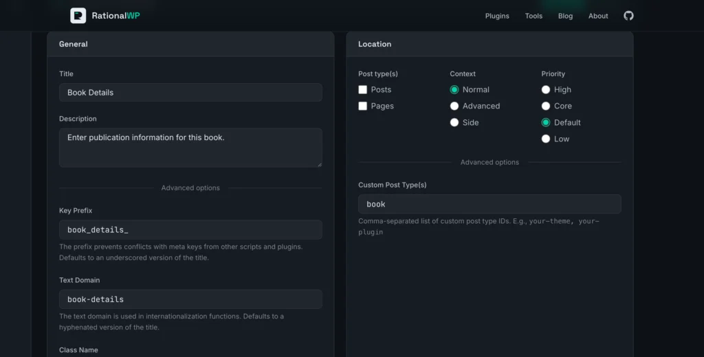 Screenshot of the generated PHP code for a WordPress meta box