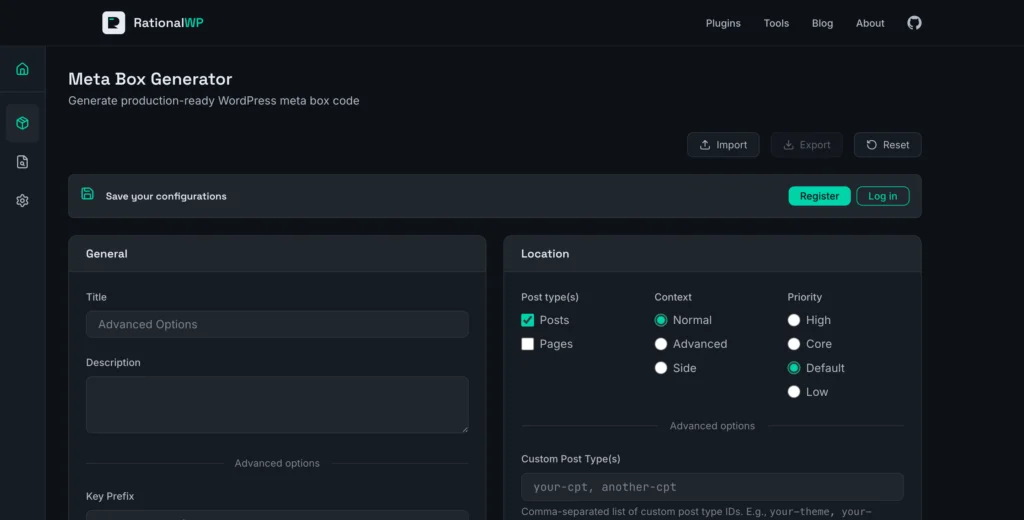 Screenshot of the Meta Box Generator tool landing page