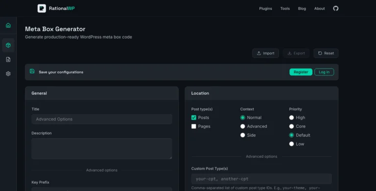 Screenshot of the Meta Box Generator tool landing page