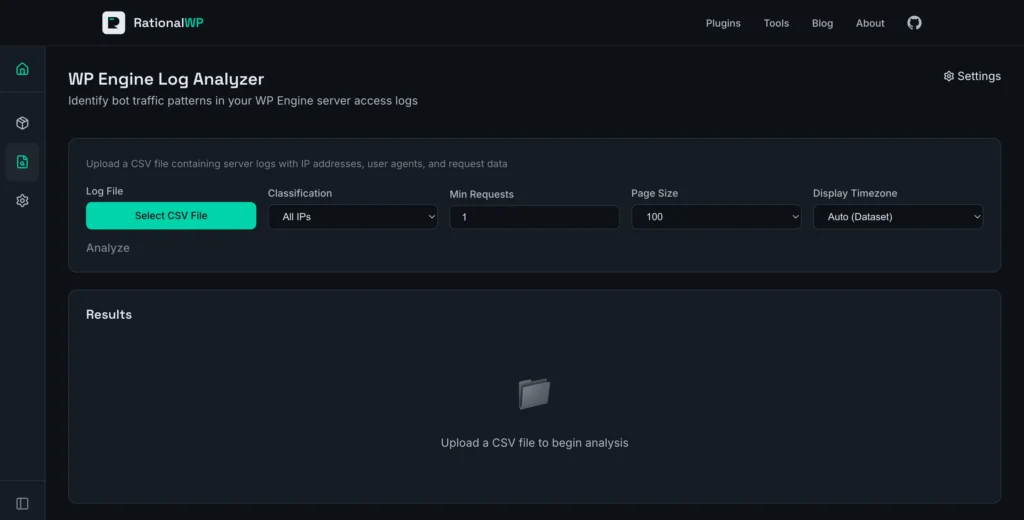 Screenshot of the WPE Log Analyzer interface before uploading a file