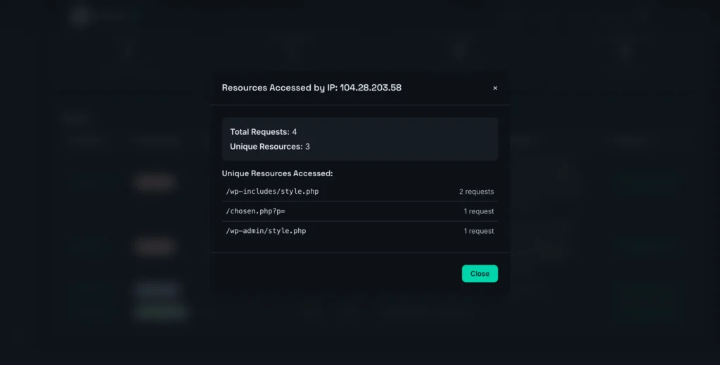 Screenshot showing the resources accessed by a specific IP address