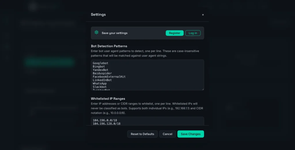 Screenshot of the settings panel with bot detection patterns and IP whitelist