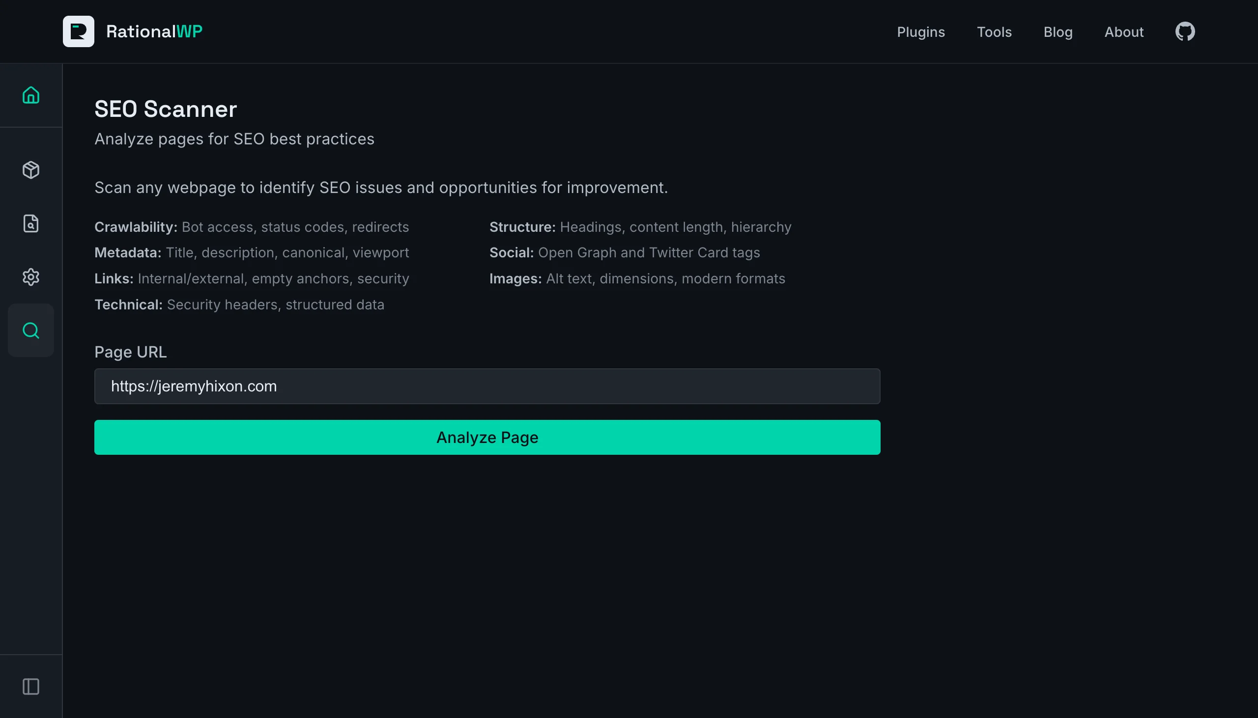 Screenshot of the SEO Scanner tool landing page