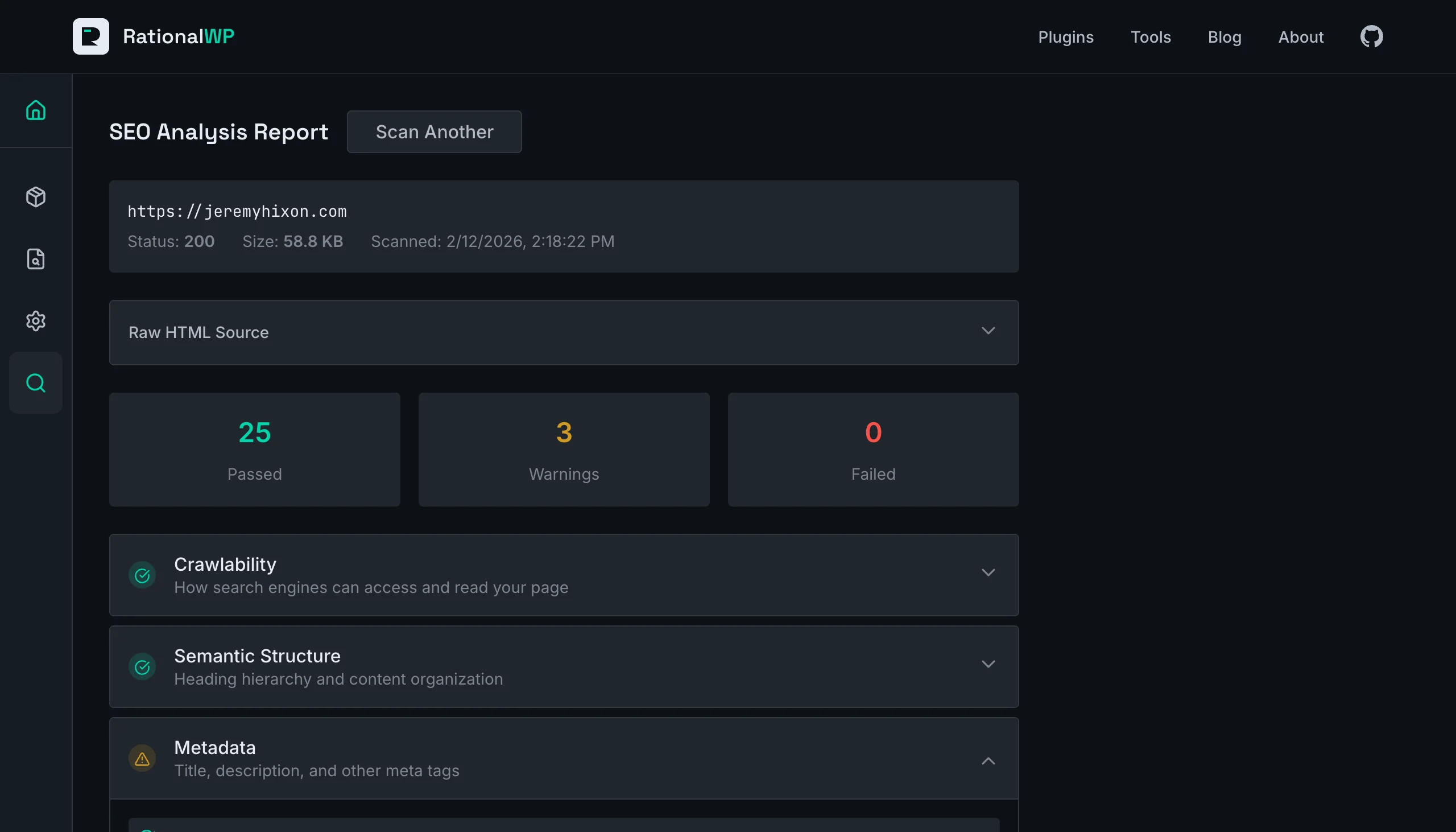Screenshot of the SEO Scanner results showing analysis categories